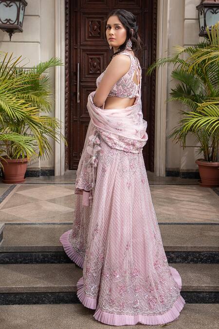 Shop Amit GT Pink Tulle Sweetheart Neck Embroidered Lehenga Set Online at Aza Fashions Shop_Amit GT_Pink Tulle Sweetheart Neck Embroidered Lehenga Set _Online_at_Aza_Fashions
