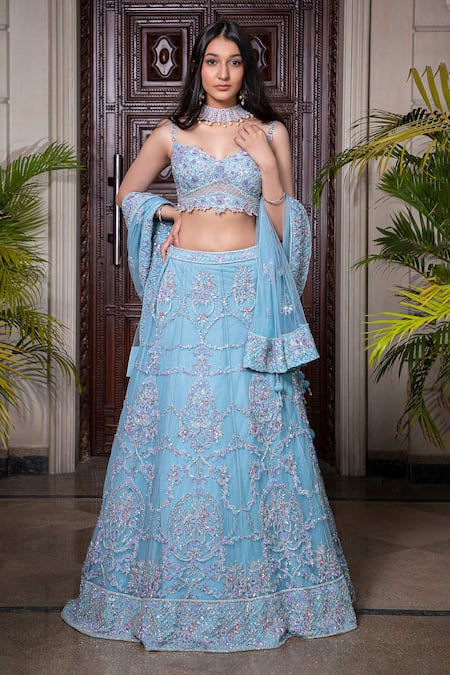 Amit GT Blue Tulle Sweetheart Neck Embroidered Lehenga Set 