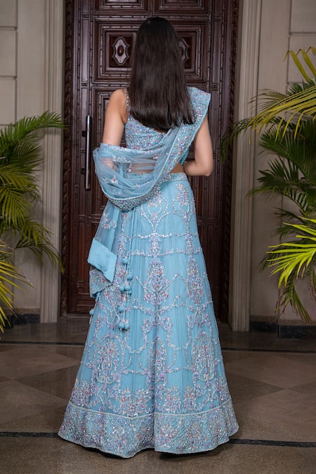 Shop Amit GT Blue Tulle Sweetheart Neck Embroidered Lehenga Set at Aza Fashions Shop_Amit GT_Blue Tulle Sweetheart Neck Embroidered Lehenga Set _at_Aza_Fashions
