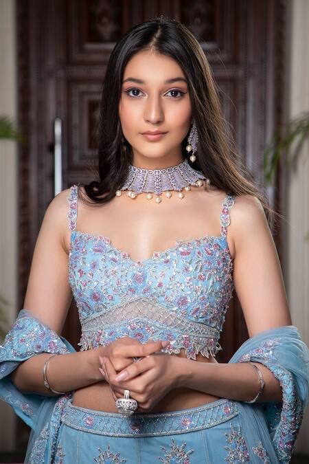 Shop Amit GT Blue Tulle Sweetheart Neck Embroidered Lehenga Set Online at Aza Fashions Shop_Amit GT_Blue Tulle Sweetheart Neck Embroidered Lehenga Set _Online_at_Aza_Fashions