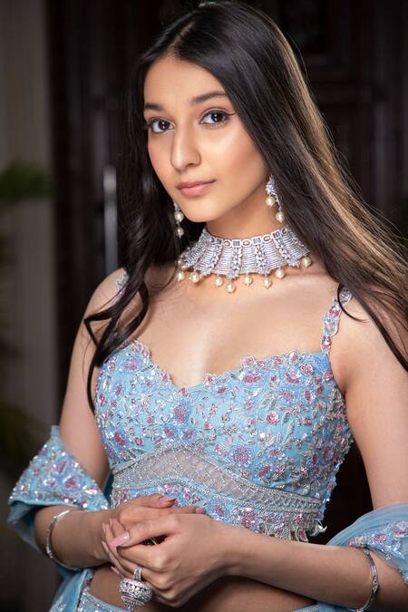 Amit GT Blue Tulle Sweetheart Neck Embroidered Lehenga Set at Aza Fashions Amit GT_Blue Tulle Sweetheart Neck Embroidered Lehenga Set _at_Aza_Fashions