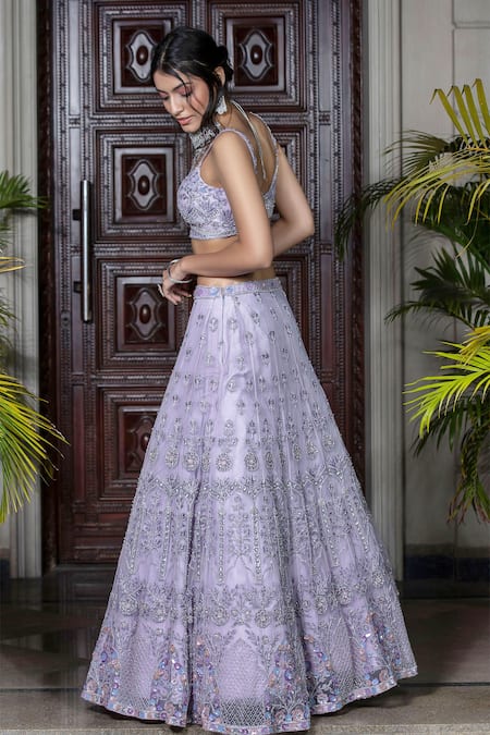 Shop Amit GT Purple Tulle Sweetheart Neck Embroidered Lehenga Set at Aza Fashions Shop_Amit GT_Purple Tulle Sweetheart Neck Embroidered Lehenga Set _at_Aza_Fashions