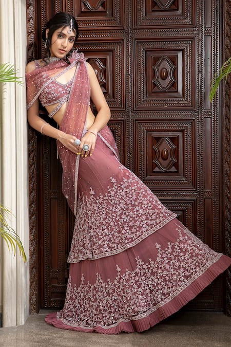 Amit GT_Pink Tulle Sweetheart Neck Embroidered Pre-draped Lehenga Saree  _Online_at_Aza_Fashions