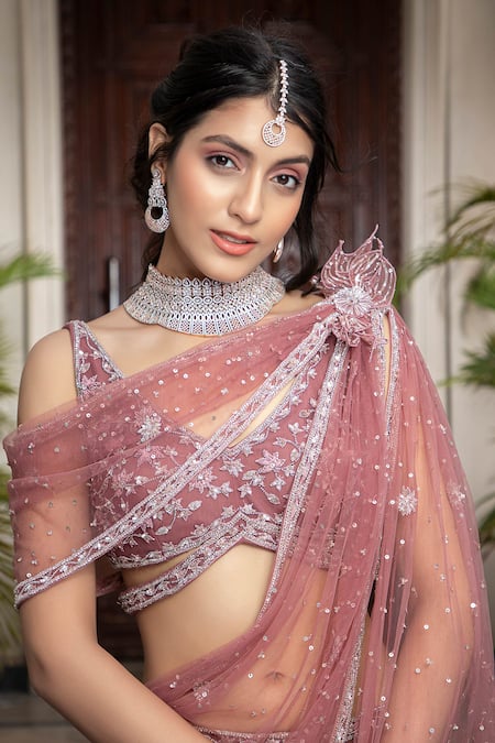 Amit GT_Pink Tulle Sweetheart Neck Embroidered Pre-draped Lehenga Saree  _at_Aza_Fashions