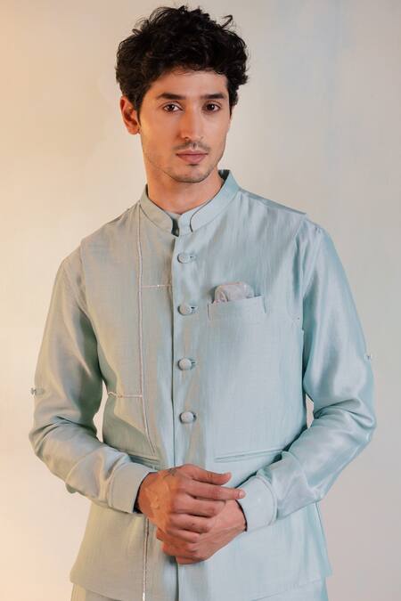 Buy Charkhee Green Chanderi, Lining 100% Cotton Geometric, Sequin Striped Nehru Jacket Online at Aza Fashions Buy_Charkhee_Green Chanderi, Lining 100% Cotton Geometric, Sequin Striped Nehru Jacket _Online_at_Aza_Fashions