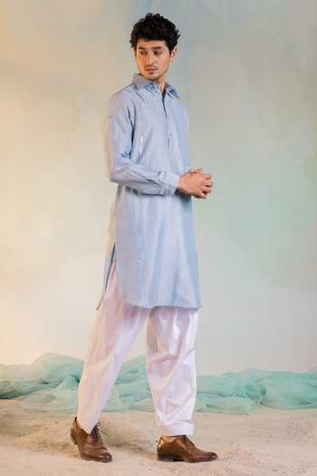 Charkhee_Blue Cotton Salwar % Cotton, Kurta Chanderi, Lining Pathani And Set_Online_at_Aza_Fashions