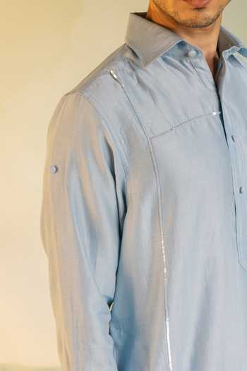 Buy_Charkhee_Blue Cotton Salwar % Cotton, Kurta Chanderi, Lining Pathani And Set_Online_at_Aza_Fashions