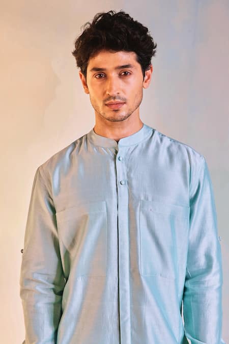 Shop Charkhee Green Kurta Chanderi Plain Mandarin Collar at Aza Fashions Shop_Charkhee_Green Kurta Chanderi Plain Mandarin Collar _at_Aza_Fashions