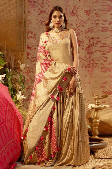 Bhumika Sharma Gold Satin Crepe V Neck Printed Kurta Lehenga Set Online at Aza Fashions Bhumika Sharma_Gold Satin Crepe V Neck Printed Kurta Lehenga Set_Online_at_Aza_Fashions