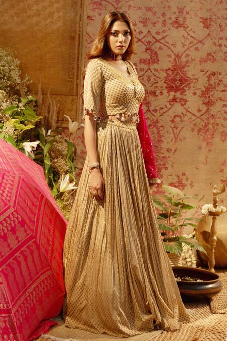 Bhumika Sharma Gold Satin Crepe V Neck Printed Lehenga Set Online at Aza Fashions Bhumika Sharma_Gold Satin Crepe V Neck Printed Lehenga Set_Online_at_Aza_Fashions