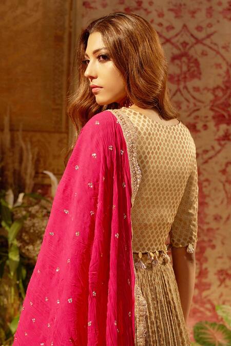 Bhumika Sharma Gold Satin Crepe V Neck Printed Lehenga Set at Aza Fashions Bhumika Sharma_Gold Satin Crepe V Neck Printed Lehenga Set_at_Aza_Fashions