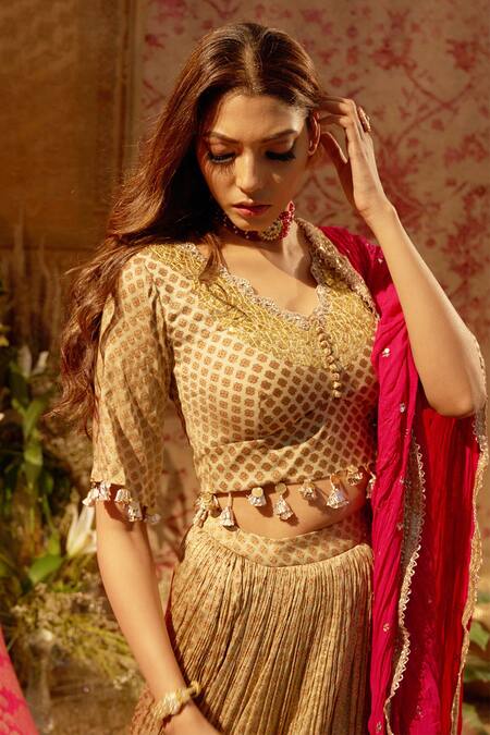 Shop Bhumika Sharma Gold Satin Crepe V Neck Printed Lehenga Set Online at Aza Fashions Shop_Bhumika Sharma_Gold Satin Crepe V Neck Printed Lehenga Set_Online_at_Aza_Fashions
