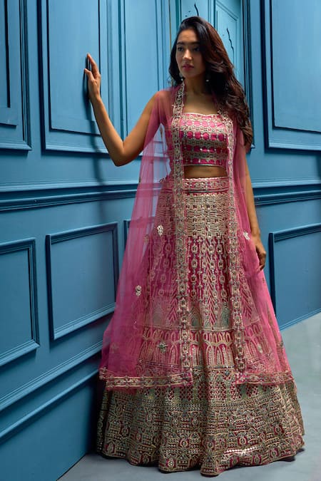 Rose Pink Colour Net Cape with Silk Bustier and Lehenga