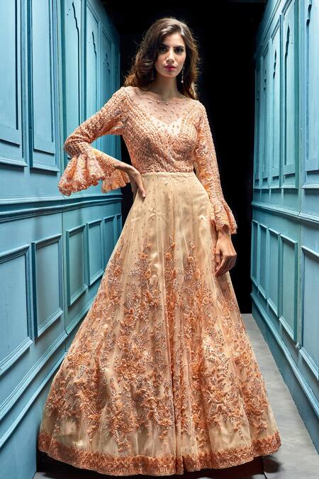 Angad Singh_Peach Net Round Floral Embellished Gown _Online_at_Aza_Fashions