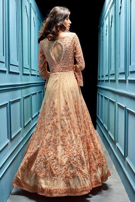 Shop_Angad Singh_Peach Net Round Floral Embellished Gown _at_Aza_Fashions