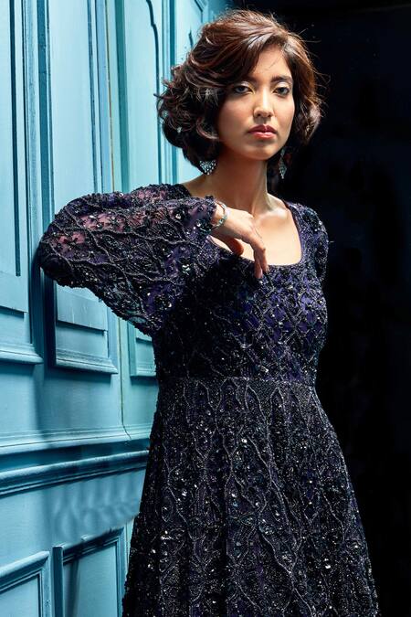 Buy_Angad Singh_Blue Net U Neck Sequin Embellished Gown _Online_at_Aza_Fashions