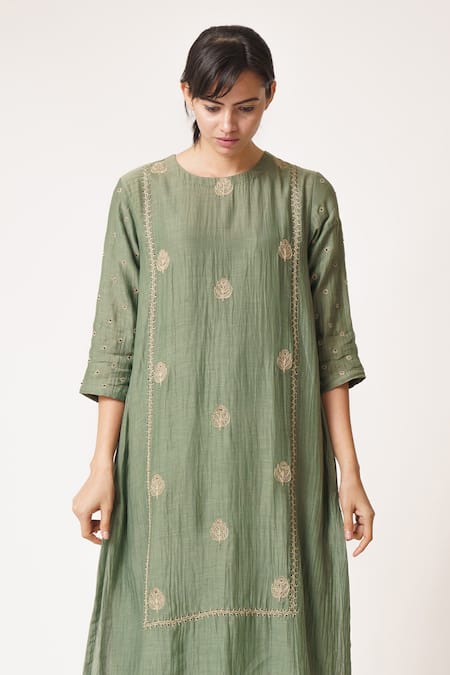 Dot Green Chanderi Round Kurta Set 
