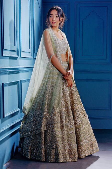 Angad Singh Green Net Interlining Satin V Neck Embroidered Cape And Lehenga Set Online at Aza Fashions Angad Singh_Green Net Interlining Satin V Neck Embroidered Cape And Lehenga Set _Online_at_Aza_Fashions