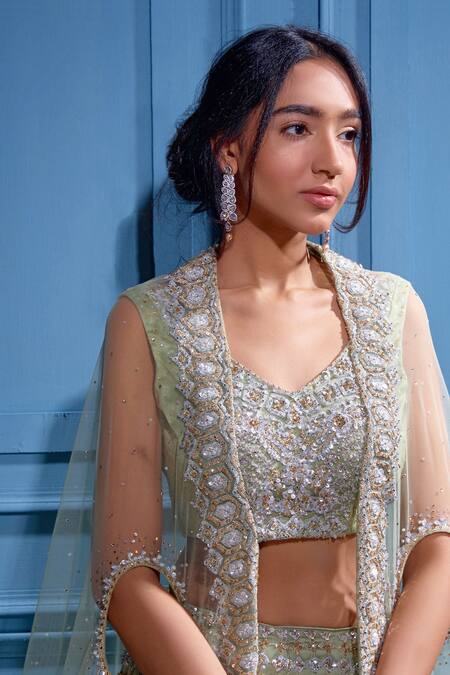 Buy Angad Singh Green Net Interlining Satin V Neck Embroidered Cape And Lehenga Set Online at Aza Fashions Buy_Angad Singh_Green Net Interlining Satin V Neck Embroidered Cape And Lehenga Set _Online_at_Aza_Fashions