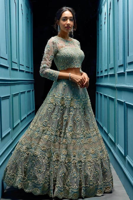 Angad Singh_Grey Net Interlining Satin Round Embroidered Bridal Lehenga Set _Online_at_Aza_Fashions