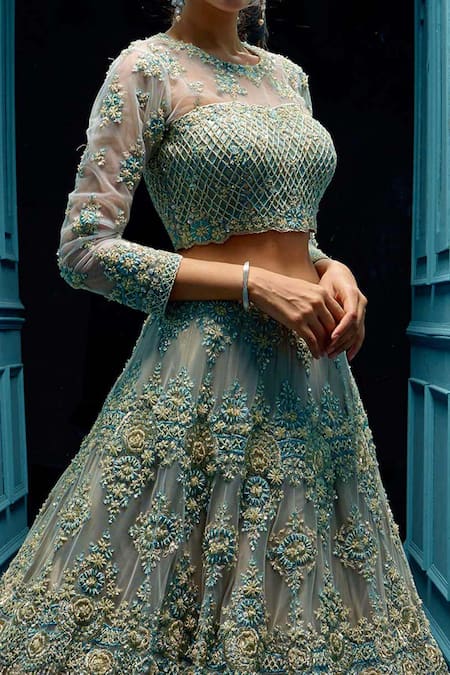 Shop_Angad Singh_Grey Net Interlining Satin Round Embroidered Bridal Lehenga Set _Online_at_Aza_Fashions