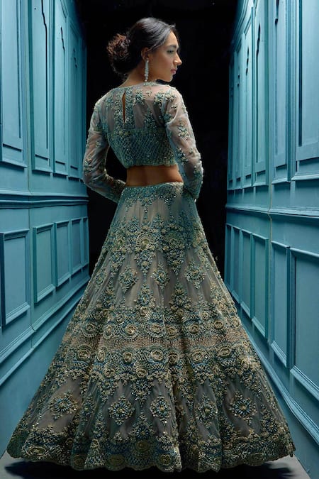 Shop_Angad Singh_Grey Net Interlining Satin Round Embroidered Bridal Lehenga Set _at_Aza_Fashions