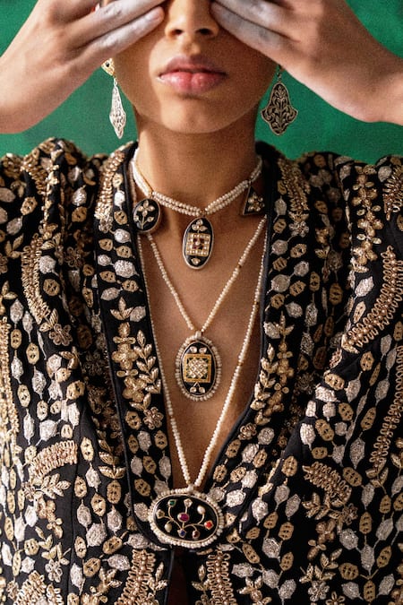 Shop_Sangeeta Boochra X Payal Singhal_Silver Plated Alizeh Kundan Embellished Pendant Necklace _Online_at_Aza_Fashions