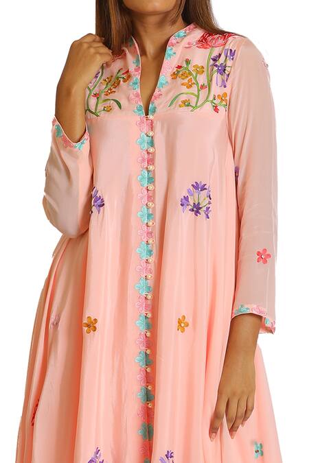 Shop Seams Pret And Couture Peach Crepe And Grand Satin Embroidered Resham Asymmetric Kurta & Tulip Pant Set at Aza Fashions Shop_Seams Pret And Couture_Peach Crepe And Grand Satin Embroidered Resham Asymmetric Kurta & Tulip Pant Set _at_Aza_Fashions