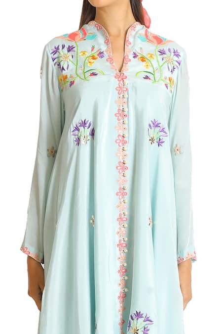 Shop Seams Pret And Couture Blue Crepe And Grand Satin Embroidered Resham Asymmetric Kurta & Dhoti Pant Set at Aza Fashions Shop_Seams Pret And Couture_Blue Crepe And Grand Satin Embroidered Resham Asymmetric Kurta & Dhoti Pant Set _at_Aza_Fashions