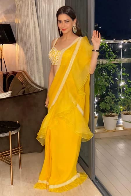 Label Sanya Gulati Yellow Georgette Sweetheart Neck Pre-draped Ruffle Saree Set 