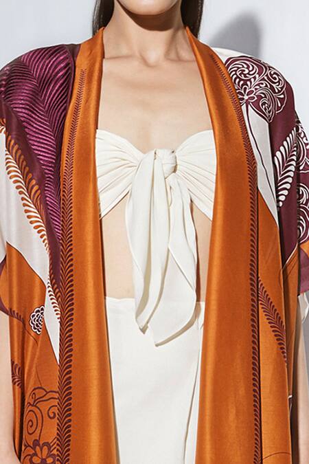 Ampm_Brown Chanderi Printed Cape_at_Aza_Fashions
