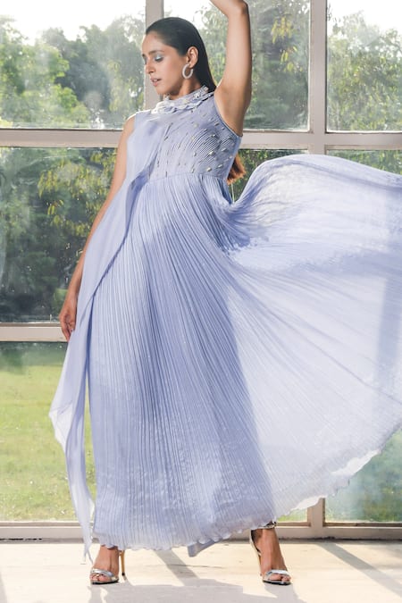 ISHA GUPTA TAYAL_Purple Silk And Chiffon Cords High Neck Gown With Draped Cape _Online_at_Aza_Fashions