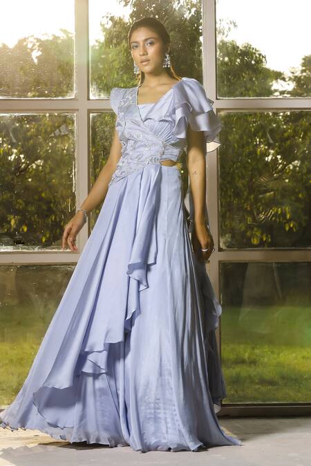 ISHA GUPTA TAYAL_Purple Silk, Organza, Chiffon Floral Motifs Draped Lehenga Saree Set With_Online_at_Aza_Fashions