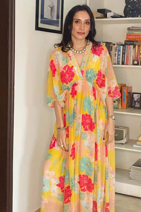 Archana Shah Yellow Crepe Silk Printed Kaftan 