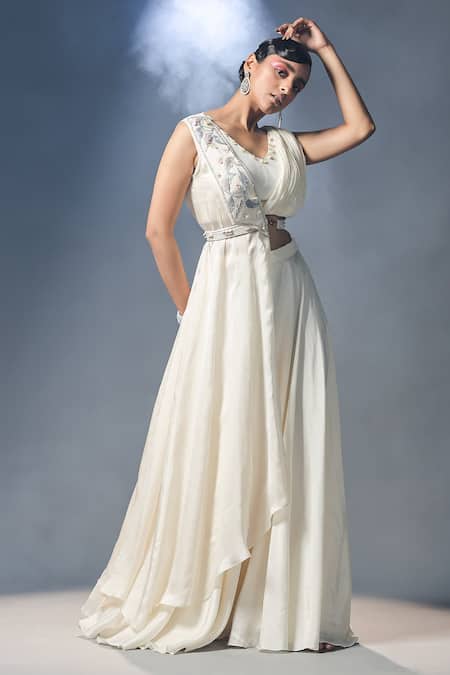 ISHA GUPTA TAYAL_White Silk, Organza, Georgette, Satin Floral Motifs V Skirt Set With Draped Cape _Online_at_Aza_Fashions