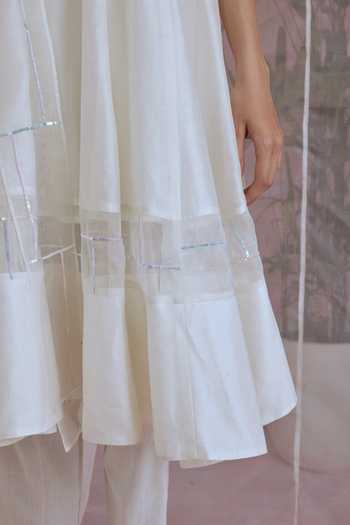 Charkhee_White Anarkali Chanderi And Organza Lining 100%, Placement Embroidered Set _at_Aza_Fashions