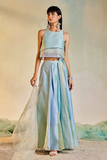 Charkhee Multi Color Chanderi And Organza, Dupatta Organza, Lining Layered Lehenga Set Online at Aza Fashions Charkhee_Multi Color Chanderi And Organza, Dupatta Organza, Lining Layered Lehenga Set _Online_at_Aza_Fashions