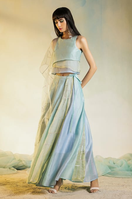 Buy Charkhee Multi Color Chanderi And Organza, Dupatta Organza, Lining Layered Lehenga Set Online at Aza Fashions Buy_Charkhee_Multi Color Chanderi And Organza, Dupatta Organza, Lining Layered Lehenga Set _Online_at_Aza_Fashions