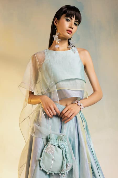 Shop Charkhee Multi Color Chanderi And Organza, Dupatta Organza, Lining Layered Lehenga Set Online at Aza Fashions Shop_Charkhee_Multi Color Chanderi And Organza, Dupatta Organza, Lining Layered Lehenga Set _Online_at_Aza_Fashions