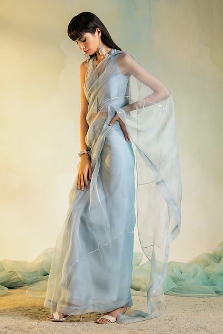 Charkhee_Blue Blouse Chanderi And Organza, Lining 100% Embroidered Pre-draped With _Online_at_Aza_Fashions