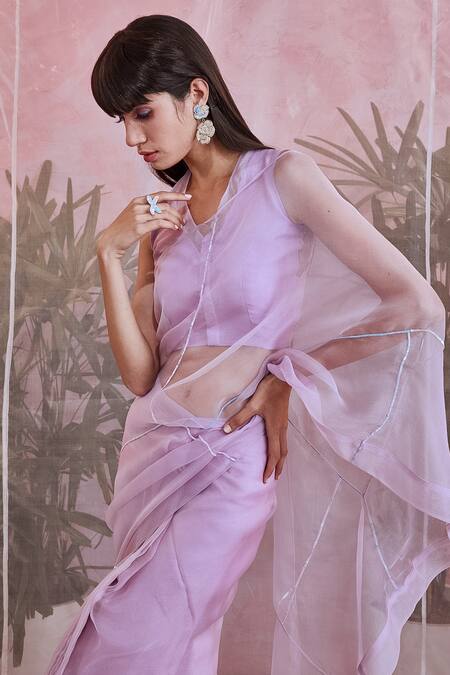 Buy Charkhee Purple Blouse Chanderi And Organza, Lining 100% Embroidered Pre-draped With Online at Aza Fashions Buy_Charkhee_Purple Blouse Chanderi And Organza, Lining 100% Embroidered Pre-draped With _Online_at_Aza_Fashions