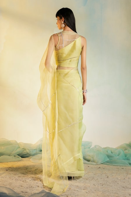 Shop_Charkhee_Yellow Blouse Chanderi And Organza, Lining 100% Embroidered Pre-draped With _at_Aza_Fashions