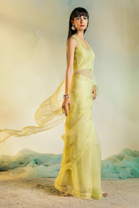 Charkhee_Yellow Blouse Chanderi And Organza, Lining 100% Embroidered Pre-draped With _Online_at_Aza_Fashions
