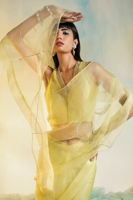 Buy_Charkhee_Yellow Blouse Chanderi And Organza, Lining 100% Embroidered Pre-draped With _Online_at_Aza_Fashions