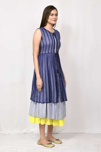 Nazaakat By Samara Singh_Blue Striped Dress And Jacket Set_Online_at_Aza_Fashions