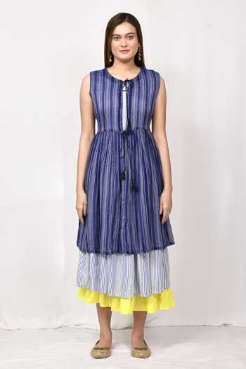 Buy_Nazaakat By Samara Singh_Blue Striped Dress And Jacket Set_Online_at_Aza_Fashions