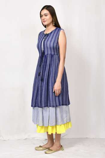 Shop_Nazaakat By Samara Singh_Blue Striped Dress And Jacket Set_Online_at_Aza_Fashions