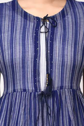 Nazaakat By Samara Singh_Blue Striped Dress And Jacket Set_at_Aza_Fashions