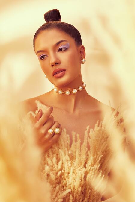 Shop Anaash White Metallic Thread, Pearls Stud Earrings Online at Aza Fashions Shop_Anaash_White Metallic Thread, Pearls Stud Earrings _Online_at_Aza_Fashions