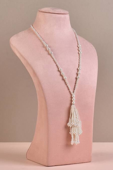 Buy White Pearls Embellished Long Necklace by Prerto Online at Aza Fashions.